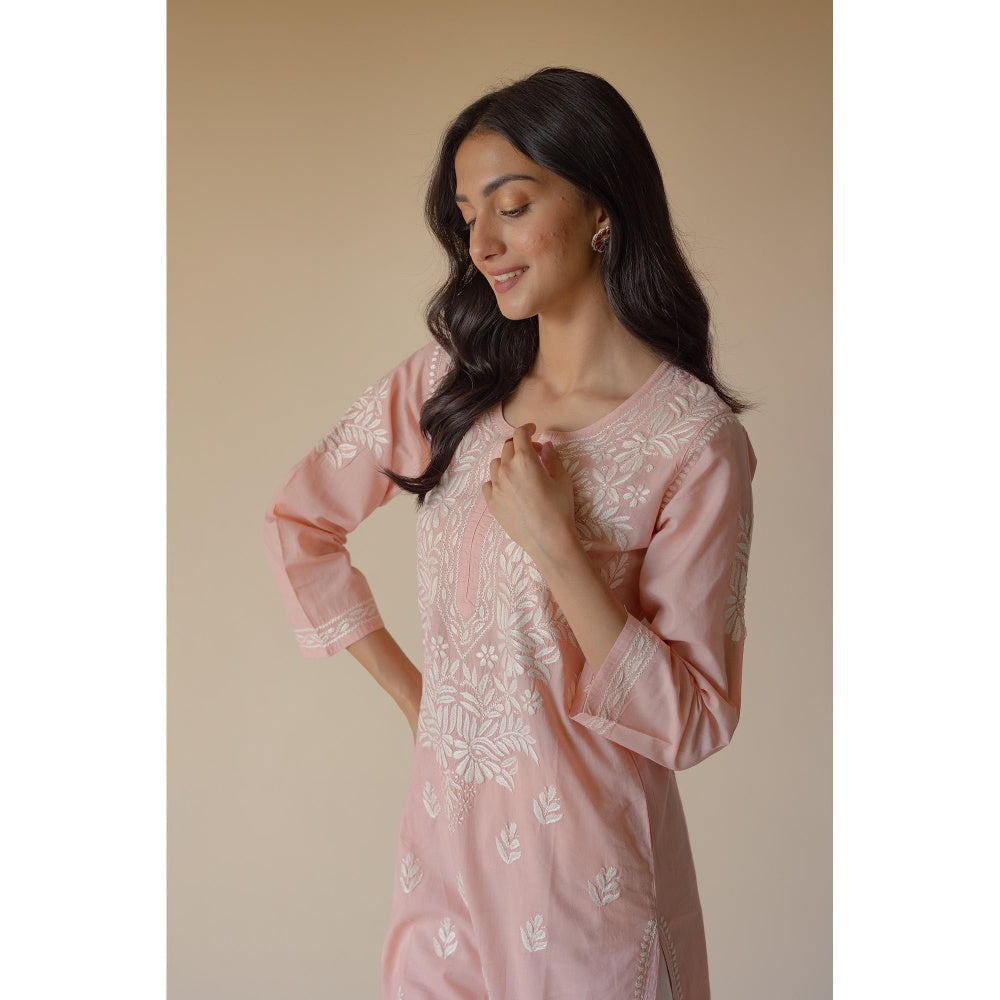 Old Marigold Gulbano Cotton Peach Hand Embroidered Chikankari Kurta