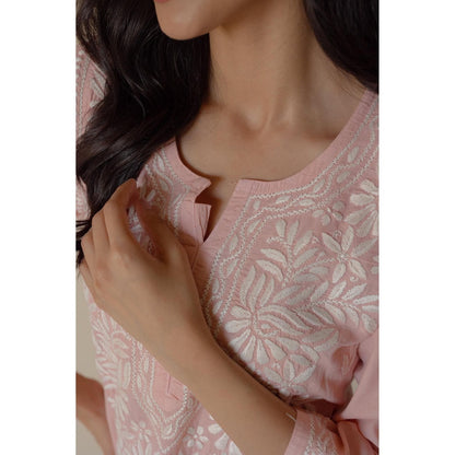 Old Marigold Gulbano Cotton Peach Hand Embroidered Chikankari Kurta