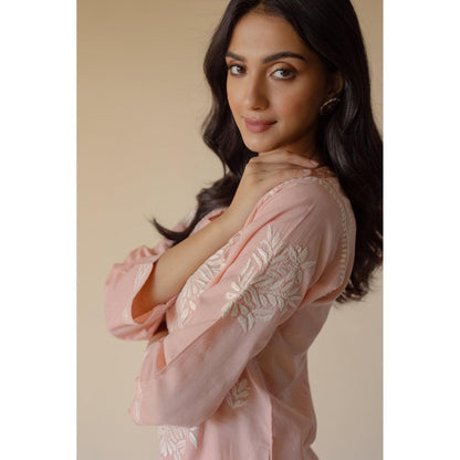 Old Marigold Gulbano Cotton Peach Hand Embroidered Chikankari Kurta