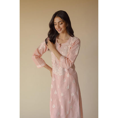 Old Marigold Gulbano Cotton Peach Hand Embroidered Chikankari Kurta