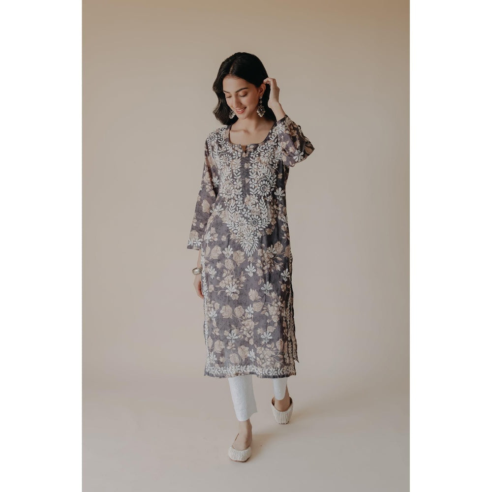 Old Marigold Ruhi Grey Mulmul Chikankari Printed Kurta