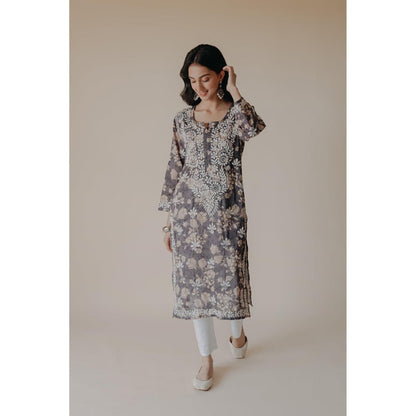 Old Marigold Ruhi Grey Mulmul Chikankari Printed Kurta