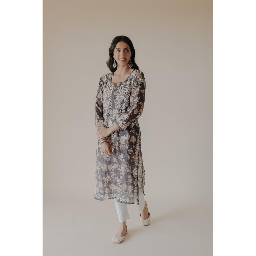 Old Marigold Ruhi Grey Mulmul Chikankari Printed Kurta