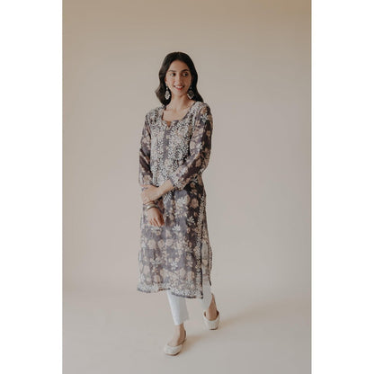 Old Marigold Ruhi Grey Mulmul Chikankari Printed Kurta