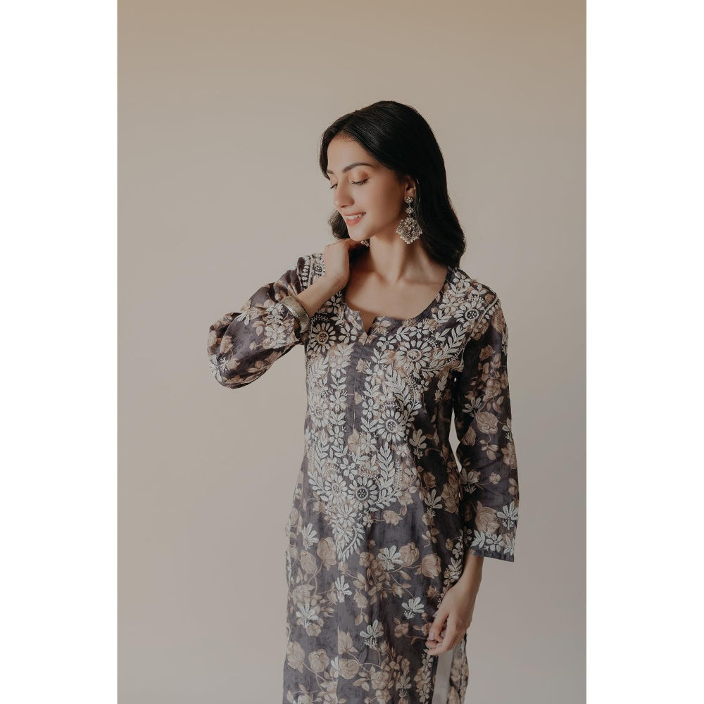 Old Marigold Ruhi Grey Mulmul Chikankari Printed Kurta