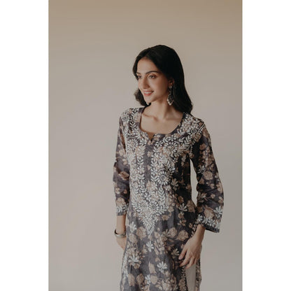 Old Marigold Ruhi Grey Mulmul Chikankari Printed Kurta