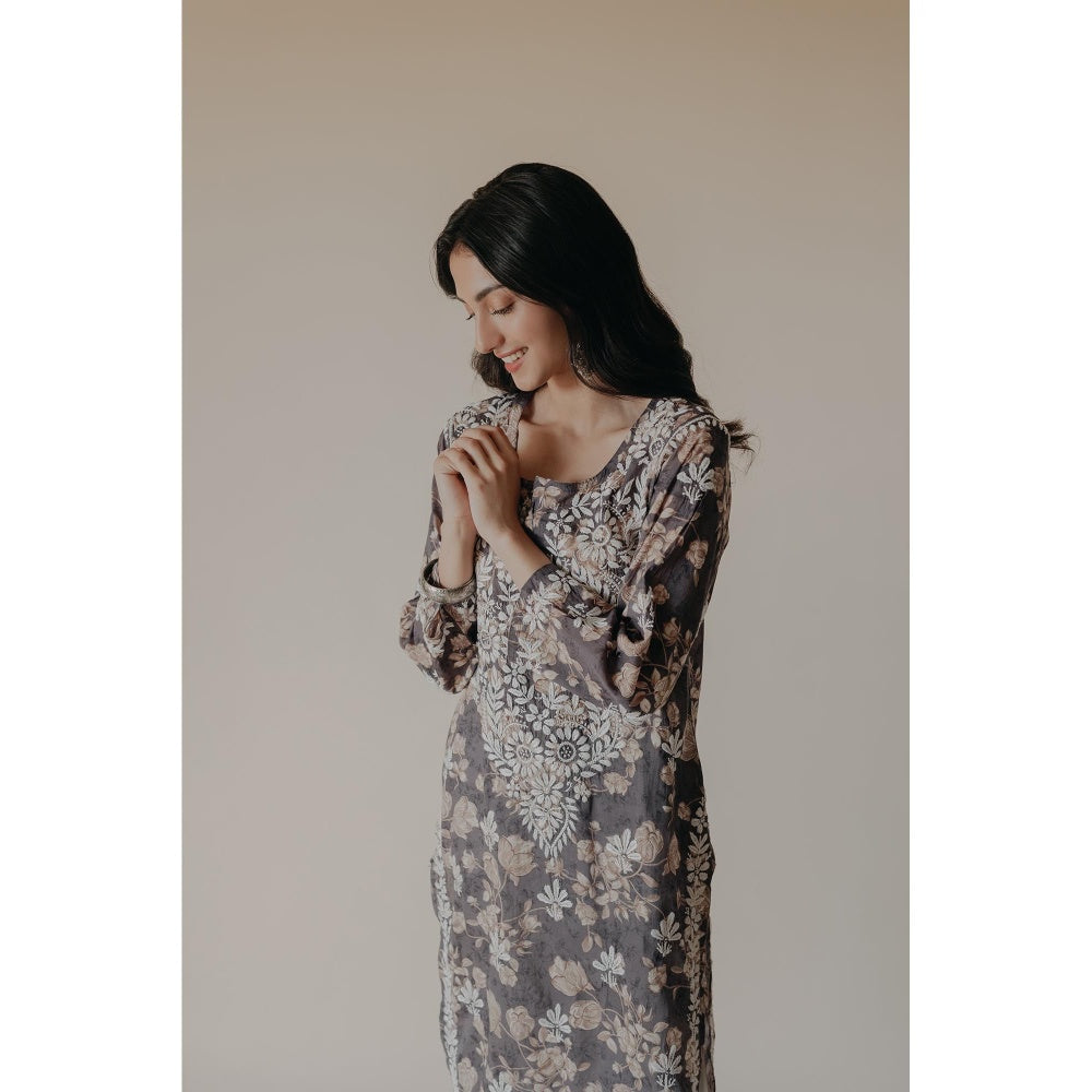 Old Marigold Ruhi Grey Mulmul Chikankari Printed Kurta