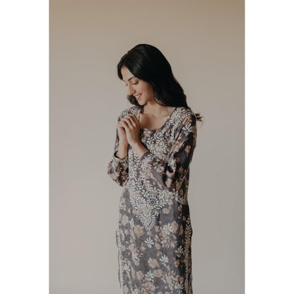 Old Marigold Ruhi Grey Mulmul Chikankari Printed Kurta