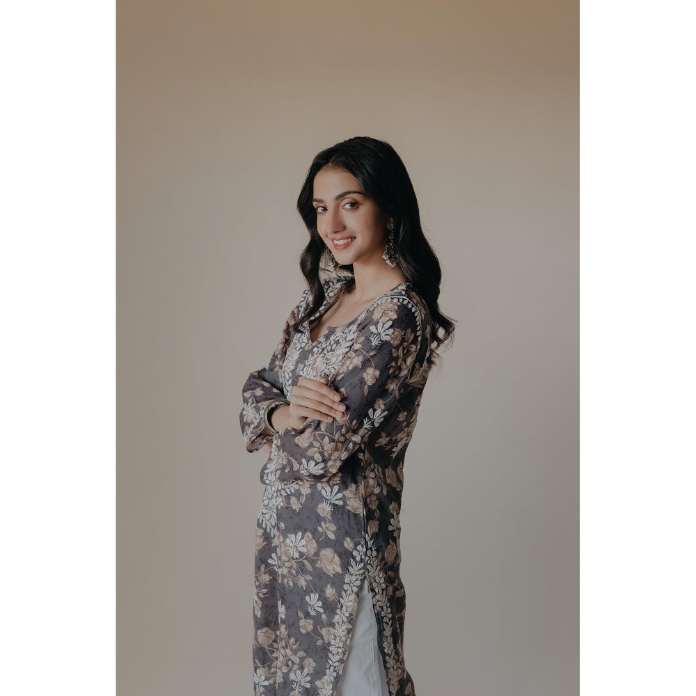 Old Marigold Ruhi Grey Mulmul Chikankari Printed Kurta