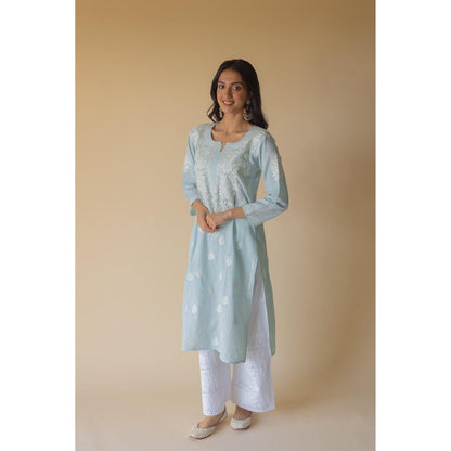 Old Marigold Nazma Cotton Blue Hand Embroidered Chikankari Kurta