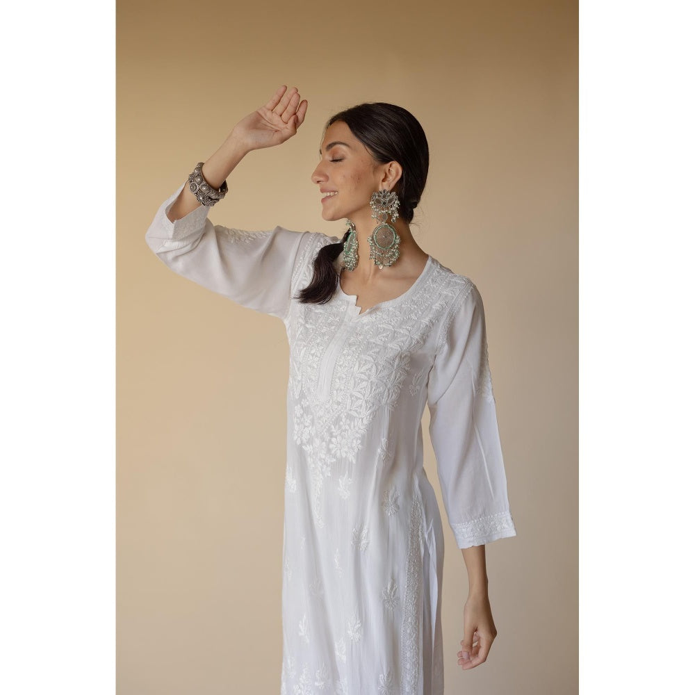 Old Marigold Razina White Modal Heavy Hand Embroidered Chikankari Kurta