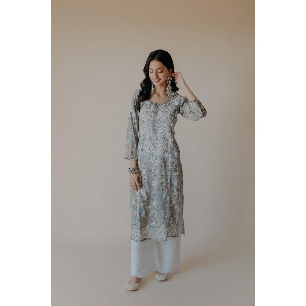 Old Marigold Gauri Blue Mulmul Chikankari Printed Kurta