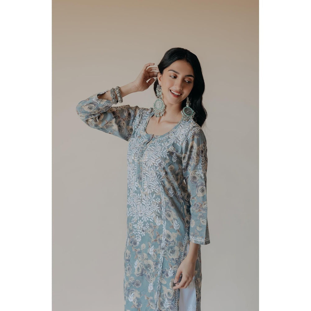 Old Marigold Gauri Blue Mulmul Chikankari Printed Kurta