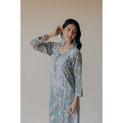 Old Marigold Gauri Blue Mulmul Chikankari Printed Kurta