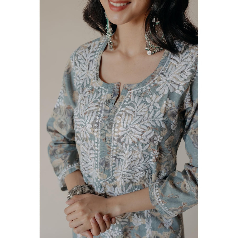 Old Marigold Gauri Blue Mulmul Chikankari Printed Kurta