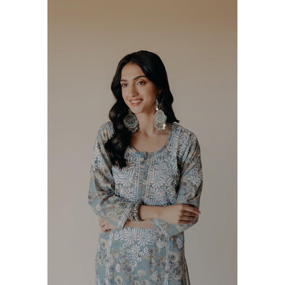 Old Marigold Gauri Blue Mulmul Chikankari Printed Kurta