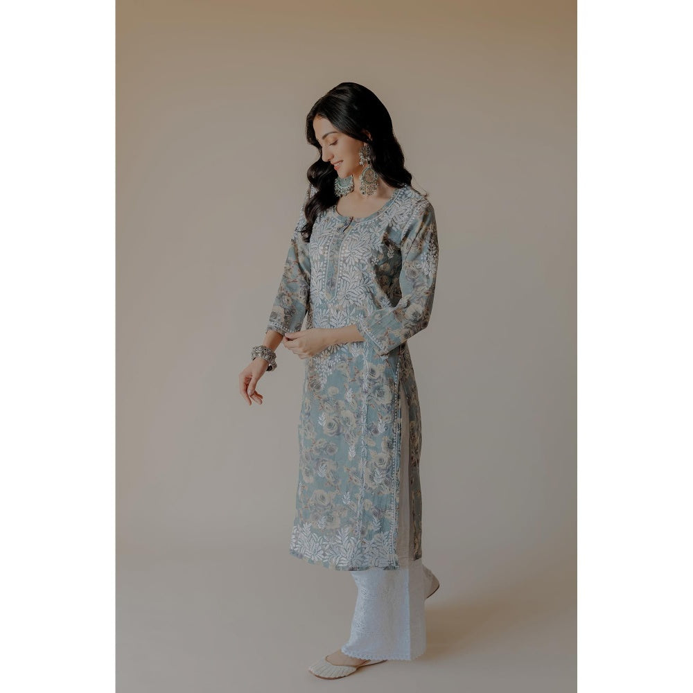 Old Marigold Gauri Blue Mulmul Chikankari Printed Kurta