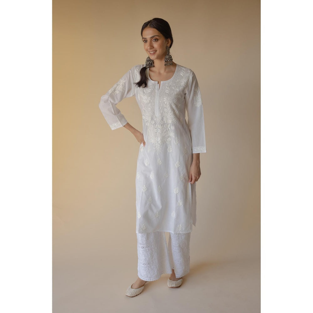 Old Marigold Noori Cotton White Hand Embroidered Chikankari Kurta