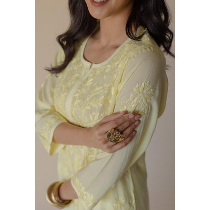 Old Marigold Samreen Yellow Modal Hand Embroidered Chikankari Kurta