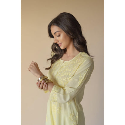 Old Marigold Samreen Yellow Modal Hand Embroidered Chikankari Kurta