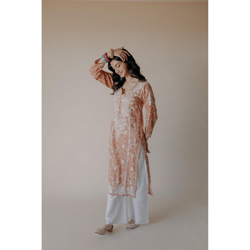 Old Marigold Lana Orange Mulmul Chikankari Printed Kurta