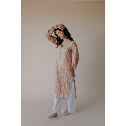 Old Marigold Lana Orange Mulmul Chikankari Printed Kurta
