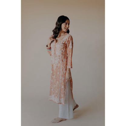Old Marigold Lana Orange Mulmul Chikankari Printed Kurta