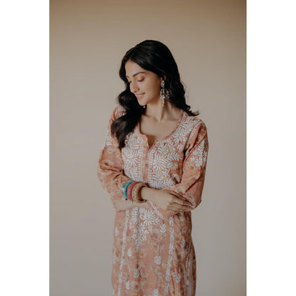 Old Marigold Lana Orange Mulmul Chikankari Printed Kurta