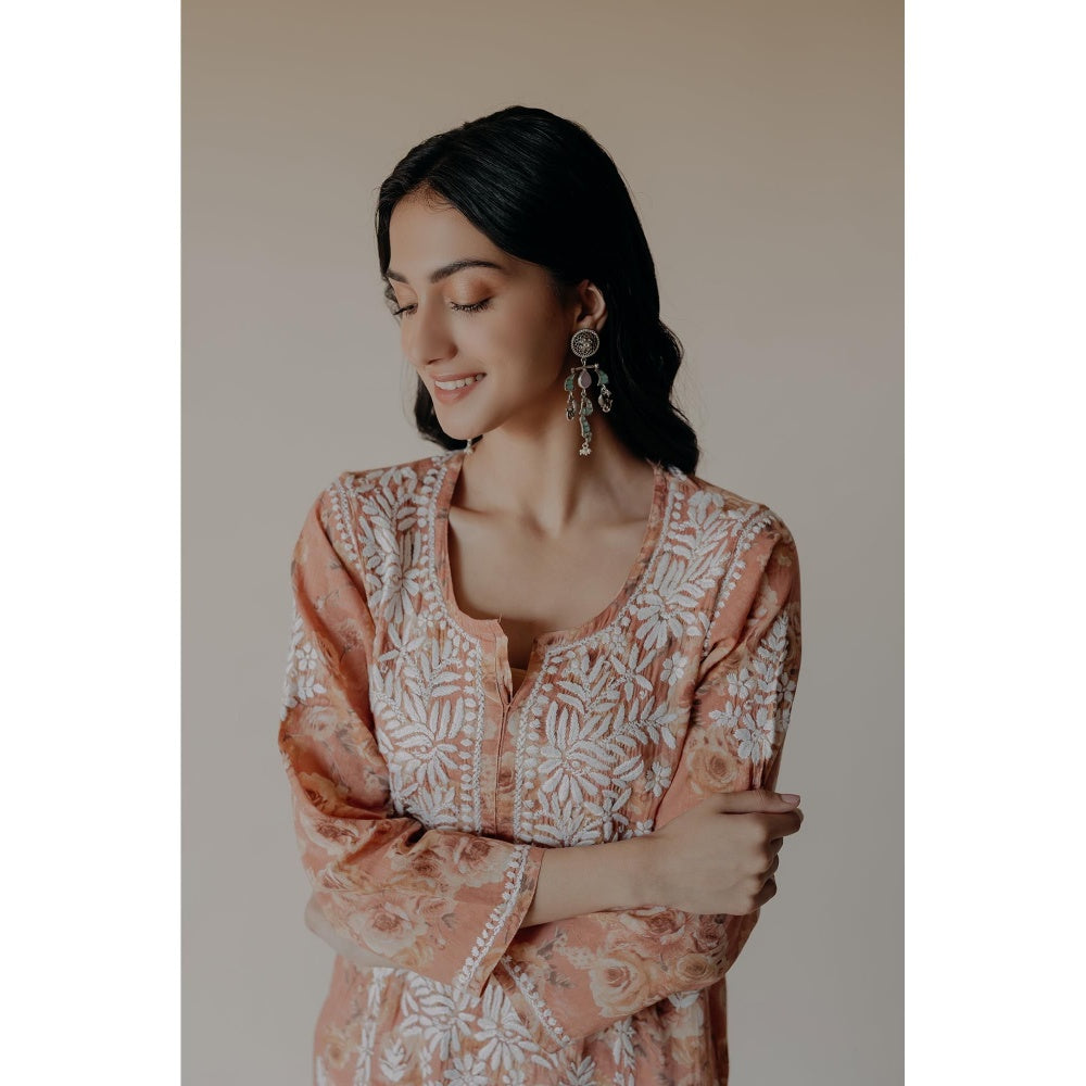 Old Marigold Lana Orange Mulmul Chikankari Printed Kurta