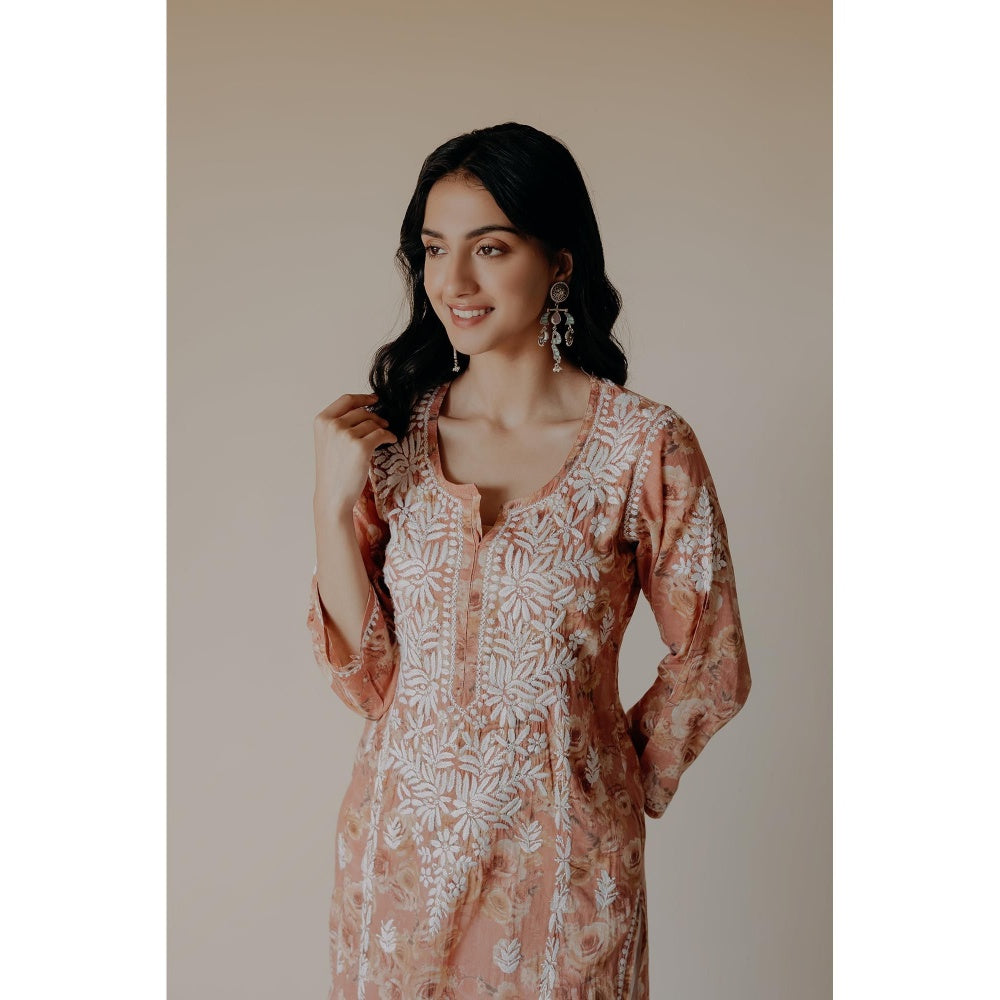 Old Marigold Lana Orange Mulmul Chikankari Printed Kurta