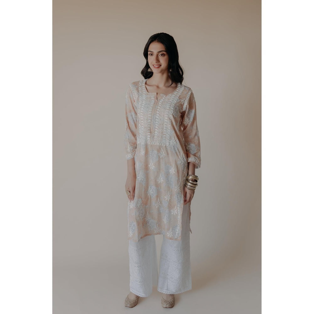 Old Marigold Anam Peach Mulmul Chikankari Printed Kurta
