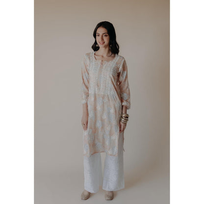 Old Marigold Anam Peach Mulmul Chikankari Printed Kurta