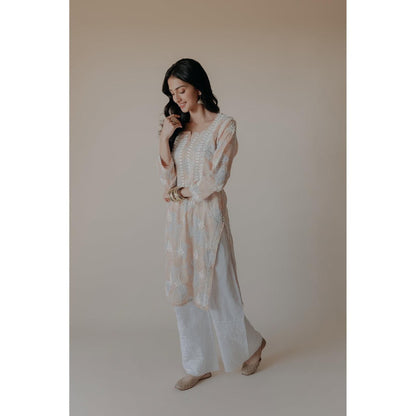 Old Marigold Anam Peach Mulmul Chikankari Printed Kurta