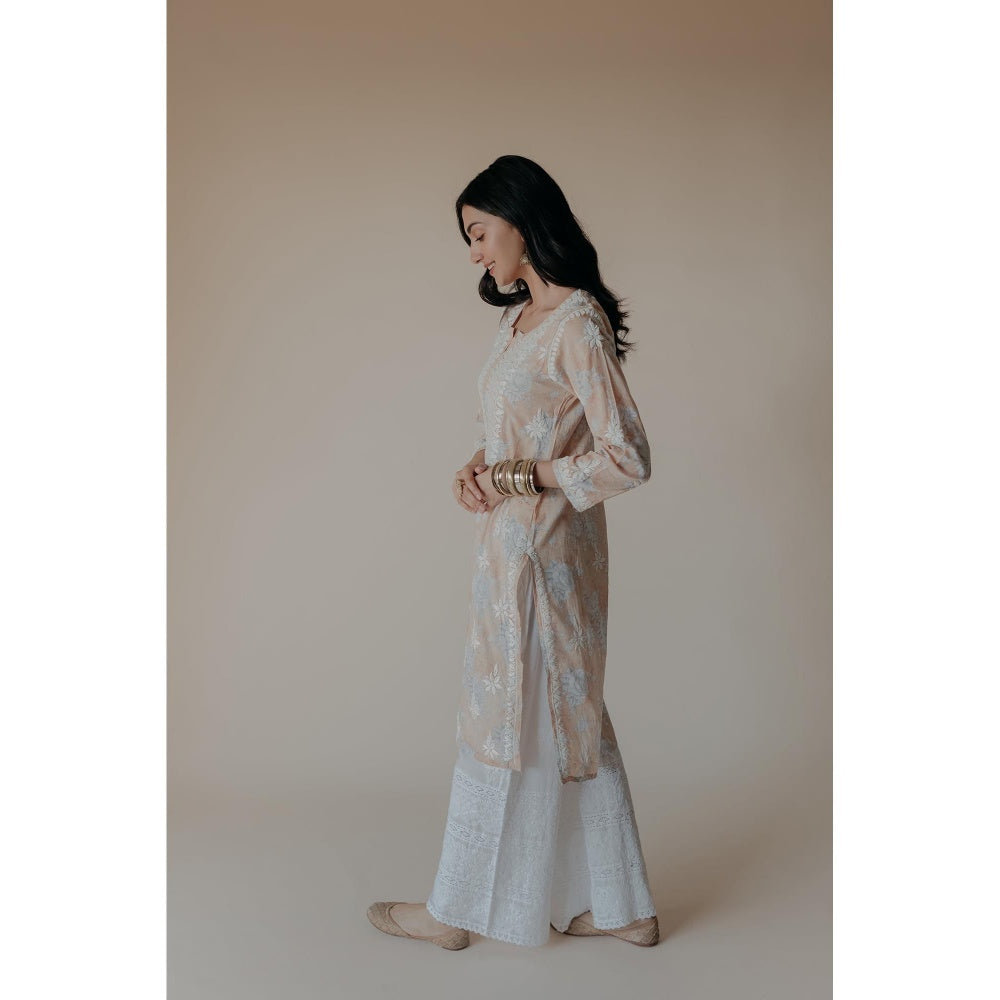 Old Marigold Anam Peach Mulmul Chikankari Printed Kurta
