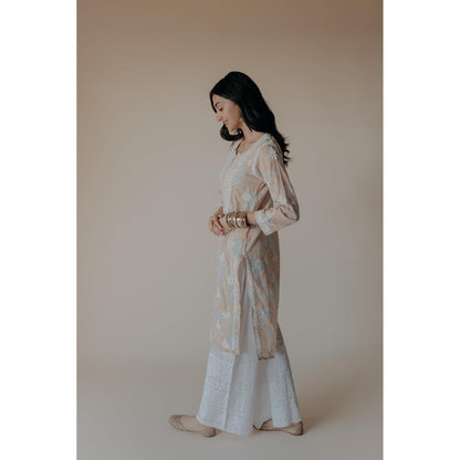 Old Marigold Anam Peach Mulmul Chikankari Printed Kurta