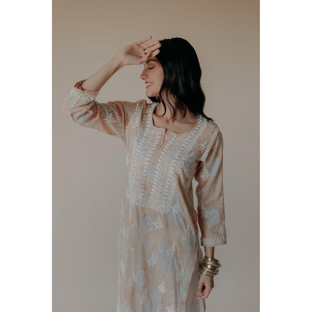 Old Marigold Anam Peach Mulmul Chikankari Printed Kurta