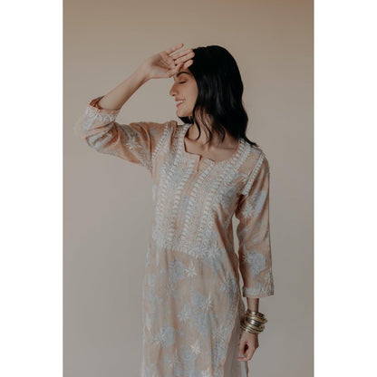 Old Marigold Anam Peach Mulmul Chikankari Printed Kurta