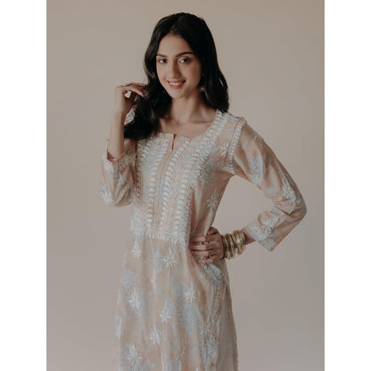 Old Marigold Anam Peach Mulmul Chikankari Printed Kurta