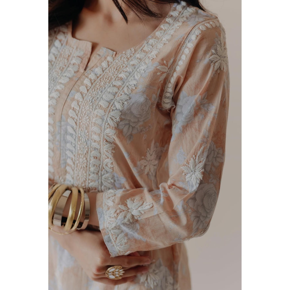 Old Marigold Anam Peach Mulmul Chikankari Printed Kurta
