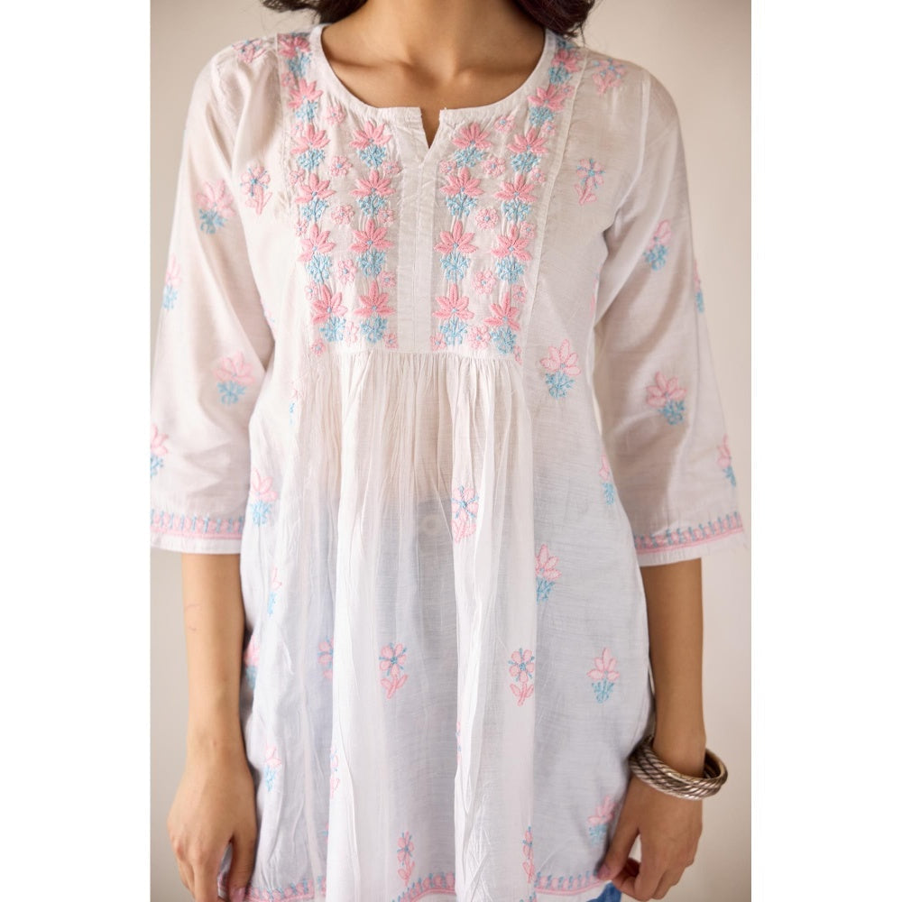 Old Marigold Anamika White Chanderi Hand Embroidered Short Chikankari Kurti