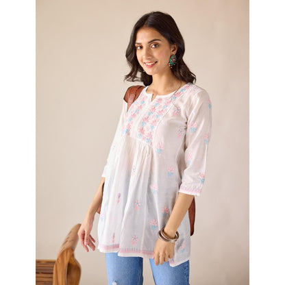Old Marigold Anamika White Chanderi Hand Embroidered Short Chikankari Kurti