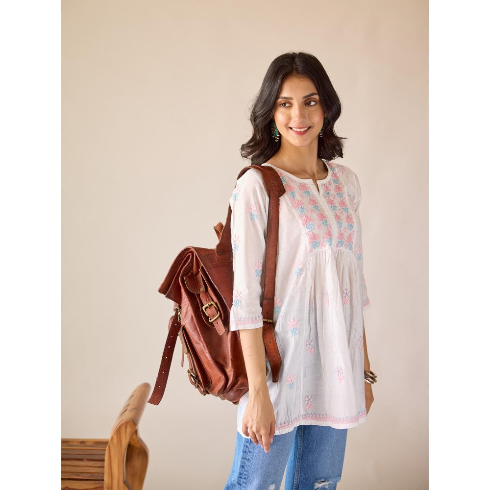 Old Marigold Anamika White Chanderi Hand Embroidered Short Chikankari Kurti