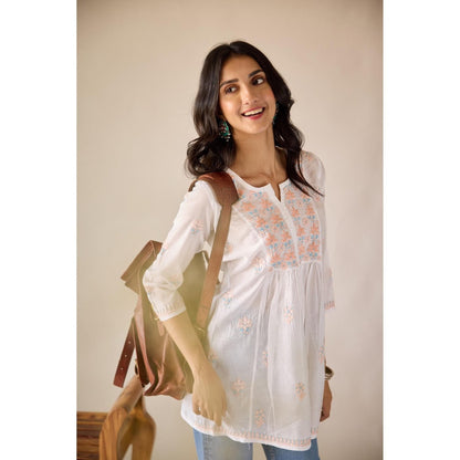Old Marigold Deepa White Chanderi Hand Embroidered Short Chikankari Kurti