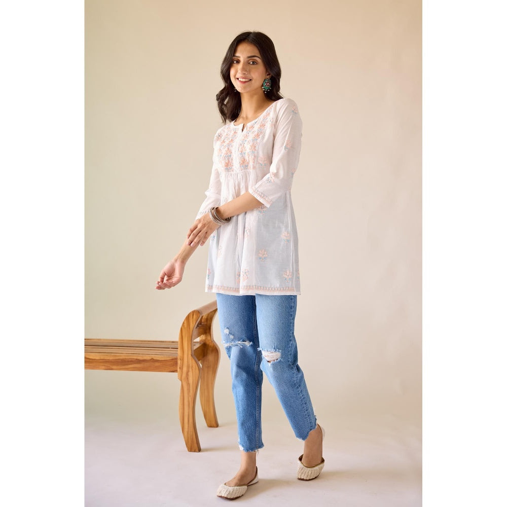Old Marigold Deepa White Chanderi Hand Embroidered Short Chikankari Kurti