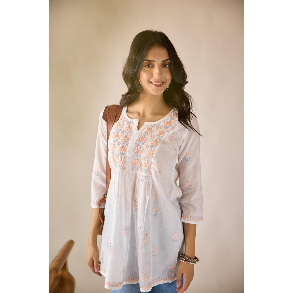 Old Marigold Deepa White Chanderi Hand Embroidered Short Chikankari Kurti