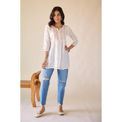 Old Marigold Deepa White Chanderi Hand Embroidered Short Chikankari Kurti