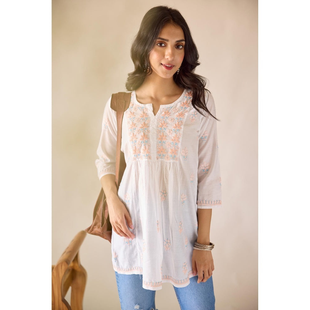 Old Marigold Deepa White Chanderi Hand Embroidered Short Chikankari Kurti