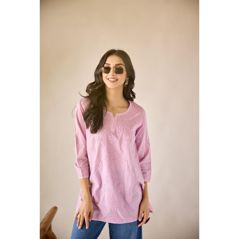 Old Marigold Sonam Pink Cotton Hand Embroidered Short Chikankari Kurti