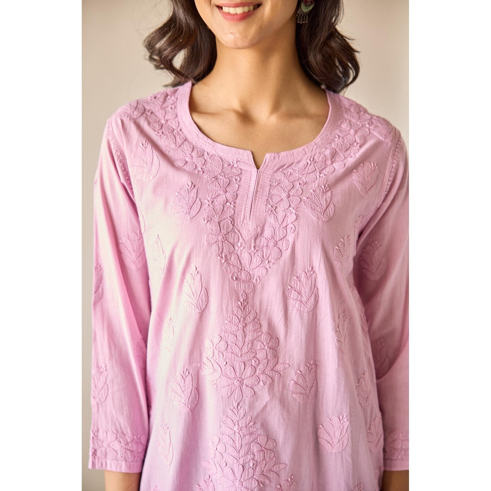 Old Marigold Sonam Pink Cotton Hand Embroidered Short Chikankari Kurti