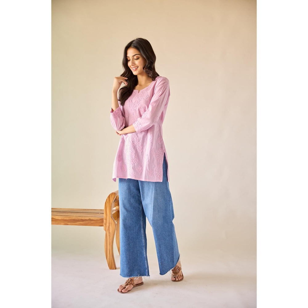 Old Marigold Sonam Pink Cotton Hand Embroidered Short Chikankari Kurti